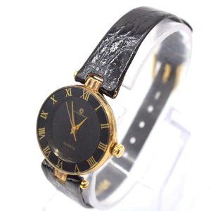 J.B Champion Watch Womens Gold Tone Stainless Steel Black Dial Leather Band